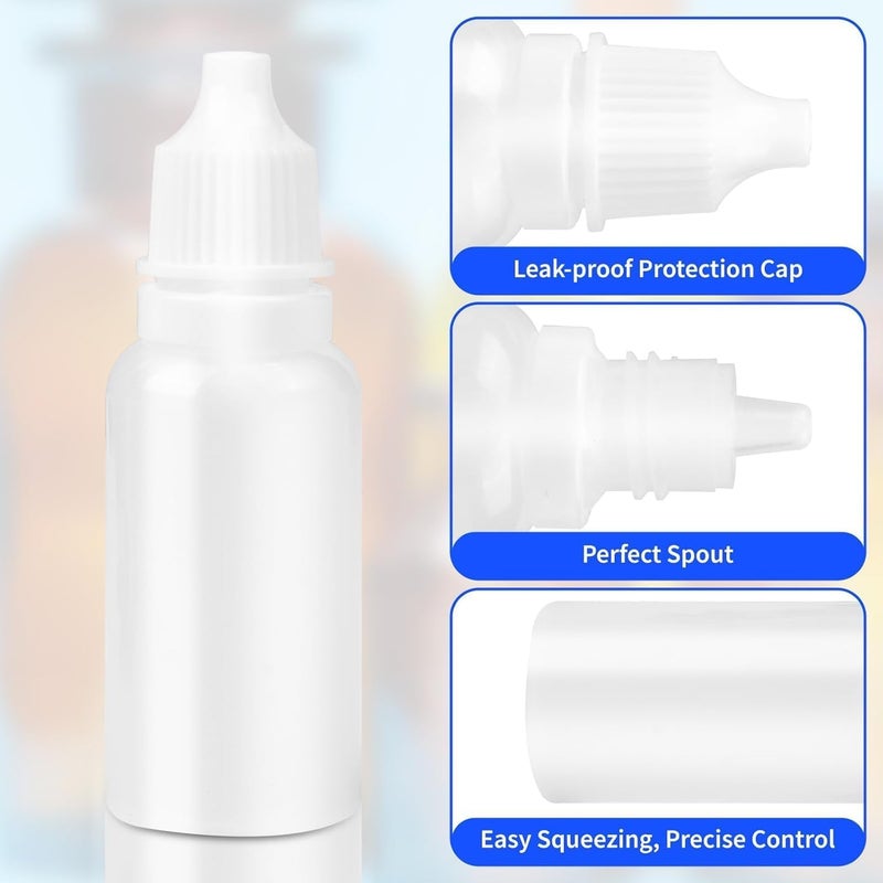 Pretwad 5 PCS (4 Bottles + 1 Funnel) 15ml (0.5oz) Small Plastic Dropper Bottles - Empty, White Eye Liquid Dropper Bottles, Squeezable & Portable Travel Containers for Eye Drops, Refillable with Cap and Plug - Image 4
